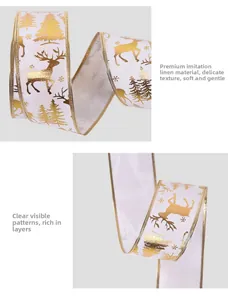 Macro detail of Christmas imitation linen ribbon with gold printed reindeer and tree patterns