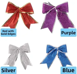 Glitter Christmas bow set in red with gold edge, purple, silver and blue for festive decor
