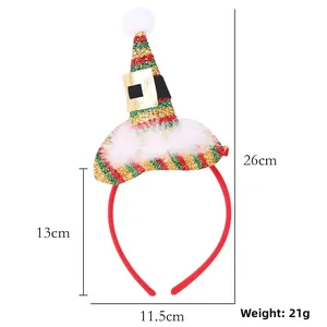 Detailed dimensions of a plush Christmas hat headband with striped pointed cap design