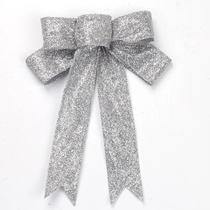 Sparkling silver glitter Christmas ribbon bow with swallowtail streamers for gift wrapping