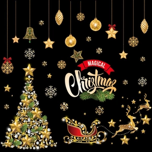 Detail of magical Christmas static stickers with golden reindeer and red sled on black