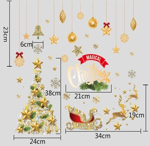 Detailed dimensions of gold Christmas tree, reindeer, and sled window decals