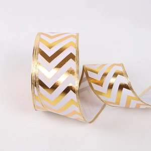 Christmas Gold Metallic Wired Ribbon For Gift Wrapping Decoration Holiday Tree Ornaments White Polyester Striped Ribbon