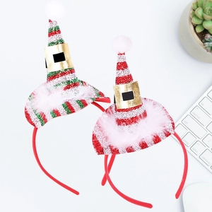 Detail of Christmas headband set with sequined elf hats and plush feather trimming