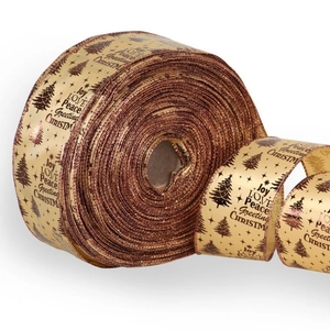 Ruban de Noël champagne doré avec texte festif et bordures métalliques rouges