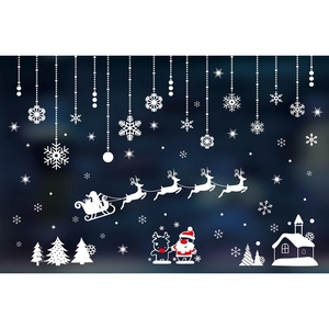 Christmas static window decals with Santa sleigh, snowflakes and reindeer on dark background