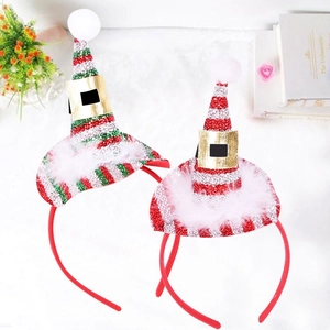 Detail view of festive Christmas elf hat headbands with sequins and plush trim