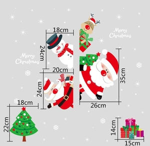 Detailed dimension chart for Christmas window stickers with Santa and reindeer patterns