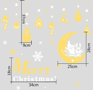 Detailed dimension guide for Christmas static window stickers with snowman and deer motifs