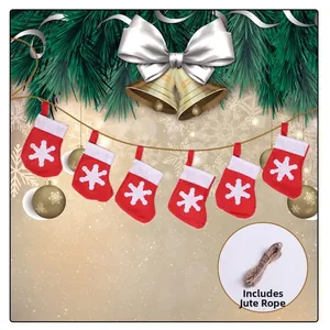 Detail of 6 mini red and white Christmas stocking banners with snowflakes and jute rope