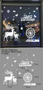Detailed size specifications for white Christmas window stickers with reindeer and snowflakes