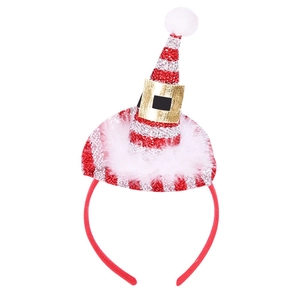 Festive red sequin mini Christmas hat headband with white faux fur and golden buckle