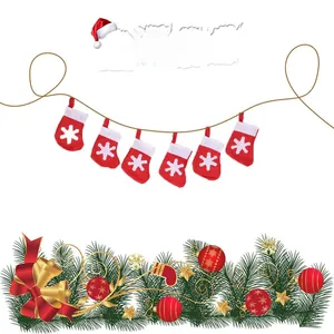 Detailed view of red mini Christmas stockings with white snowflake patterns on hanging banner