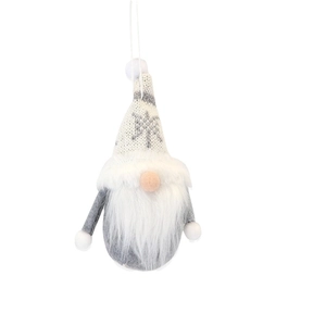 Plush Christmas gnome ornament with white knit snowflake hat and long faux fur beard