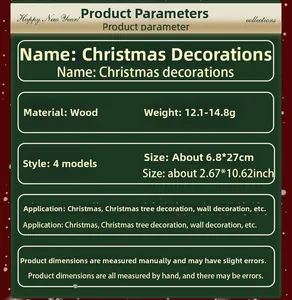Detailed chart showing wooden Christmas elk ornaments with 6.8x27cm size and weight specs
