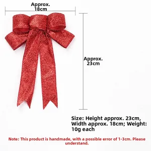 Red glitter Christmas bow ornament 23cm by 18cm, sparkling holiday tree decoration detail