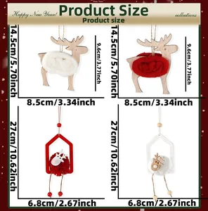 Detailed size chart showing dimensions for plush elk and wooden house Christmas ornaments
