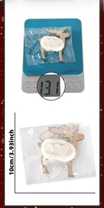 Detailed view of plush reindeer wood ornament with size 12x10cm and weight 13.1g