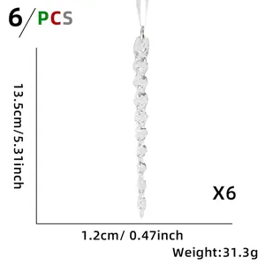 Set of 6 transparent icicle Christmas ornaments with dimensions and hanging ribbons