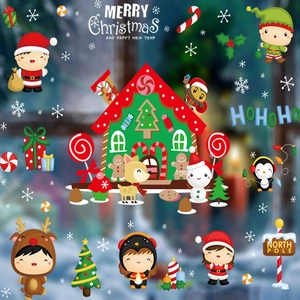 Christmas window static stickers set with gingerbread house and cartoon winter characters