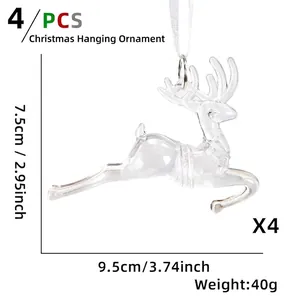 Detailed view of 4 clear acrylic Christmas reindeer ornaments with silver loops and white ribbons
