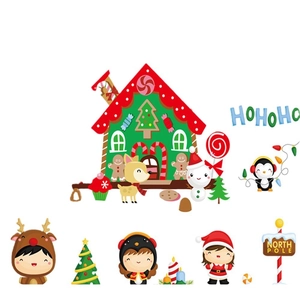 Cartoon Christmas window stickers featuring gingerbread house snowman and reindeer decals