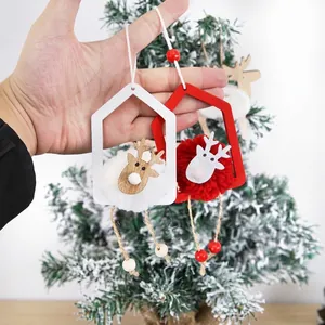 Christmas house wooden ornament with plush reindeer head and hanging beads decoration