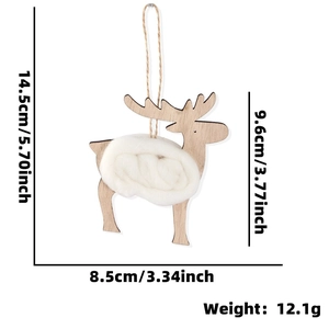 Hanging wooden reindeer Christmas tree ornament with white plush decor and dimensions