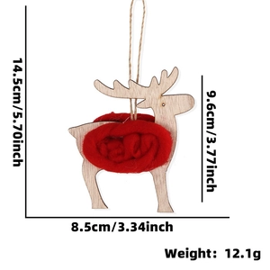 Wooden reindeer Christmas ornament with red wool detail and rustic twine hanger