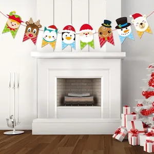 Detailed view of Christmas bunting with Santa, reindeer, and snowman cartoon characters