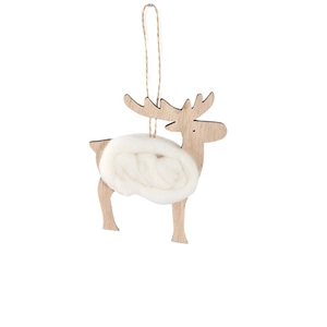 Minimalist wooden Christmas reindeer ornament with soft white wool and natural jute rope