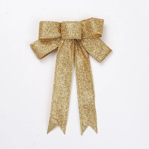 Glittery 23cm gold decorative bow with shimmering metallic finish for Christmas trees