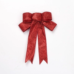 23CM large red glitter bow ornament with long ribbons for Christmas tree decoration