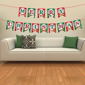 Double-row Christmas bunting banner with Santa and reindeer motifs for party decor