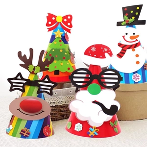 DIY Christmas paper hats set featuring Santa, snowman, reindeer, and tree designs