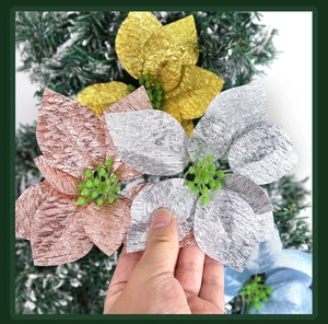 Glittering artificial Christmas flowers with multi-layer petals for tree decoration