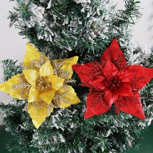 Artificial Christmas Poinsettia Flowers With Glitter Sequins For Christmas Tree Wreath DIY Holiday Party Home Decoration