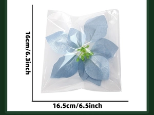 Detailed dimension view of light blue artificial poinsettia flower for Christmas tree décor