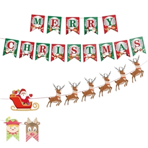 Merry Christmas paper banner set featuring Santa Claus, reindeer, and colorful letter flags
