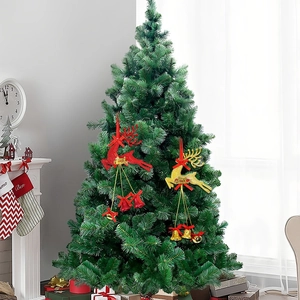 Detail of glitter reindeer ornaments with bells hanging on a decorated Christmas tree
