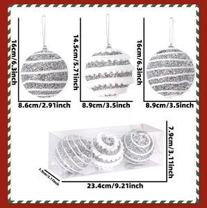 Detailed size specifications for white glitter Christmas ball ornaments in box packaging