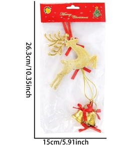 Detail of gold reindeer ornament with bells and red ribbon for Christmas tree decor