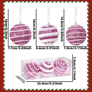 Detailed dimensions of pink and white sequined Christmas ball ornaments in box