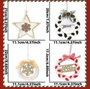 Set of four Christmas wooden star and snowflake woven ornaments with holiday greetings