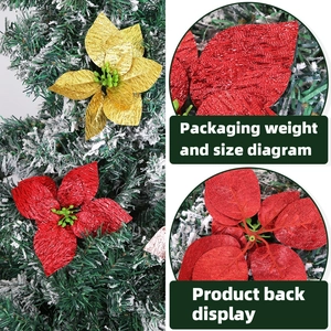 Glittery artificial Christmas flowers in gold and red for festive tree decoration