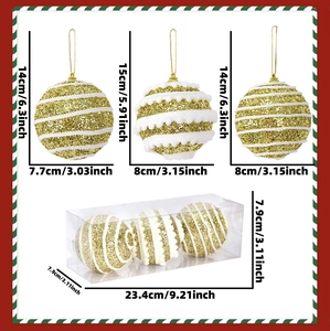 Detailed view of three gold sequin foam Christmas balls with diverse textures in a clear box