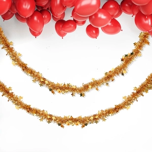 Thick gold Christmas tinsel garland with stars and red balloons for party decoration
