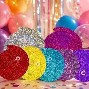 Close-up of colorful holographic laser spiral pendants for ceiling party decorations