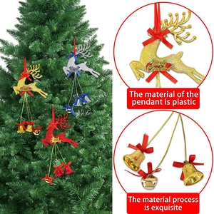 Golden and silver plastic Christmas reindeer ornaments with bells and festive red bows