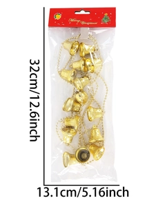 Detail of golden Christmas bell ornament in packaging with 32cm height dimension label